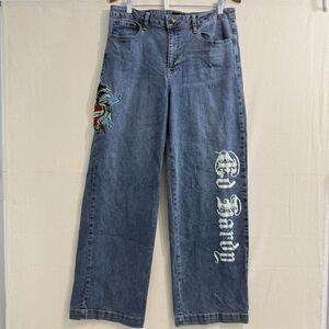 Ed Hardy Wide Leg Jeans Eagle Heart Dagger Women Size 34 Vintage Wash